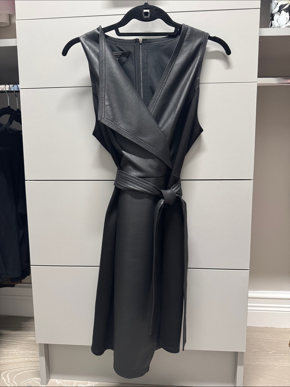 BCBGMaxAzria Black Faux-Leather Sleeveless Wrap Dress with Tie